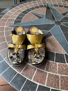 Fly London  Mustard Yellow Leather thong Sandals with Stud Accents